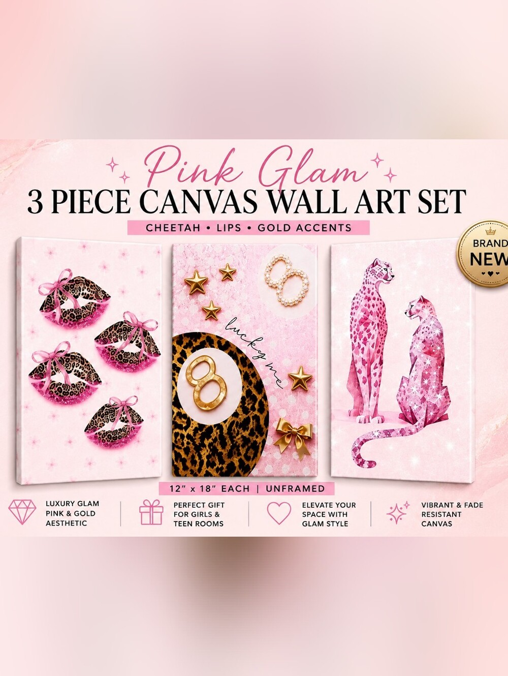 Pink Glam 3 Piece Canvas Wall Art Set Cheetah Lips Gold Decor 12x18 New
